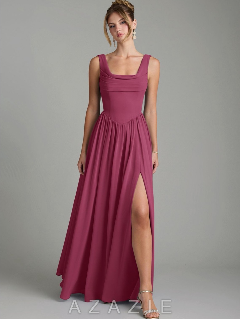 Azazie Mauve Pink Square-Neck Chiffon Maxi Dress